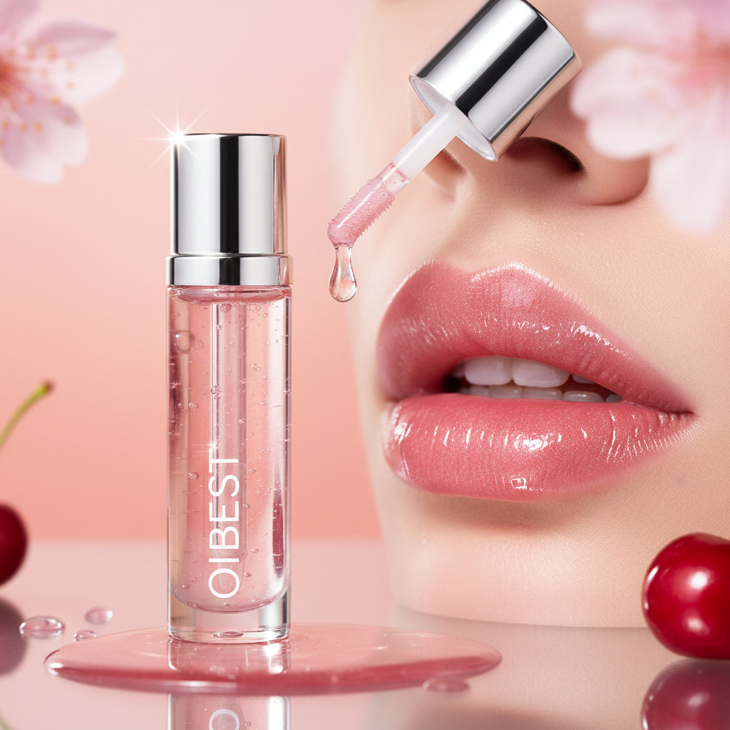 OIBEST Lip Plumper Gloss with close-up shots of lips wearing the product.