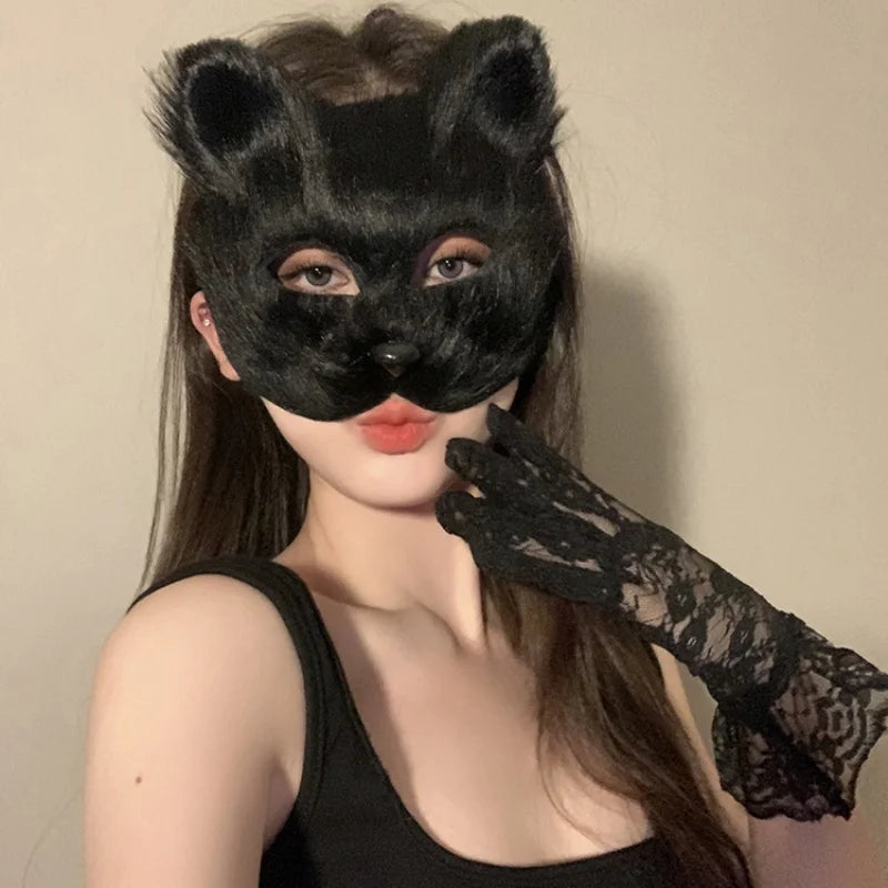 Plush Therian Mask Halloween Cosplays Costume Accessorie Dress up Sexy Cats Mask Half Face Faux Furs Foxes  Mask BeautyBond