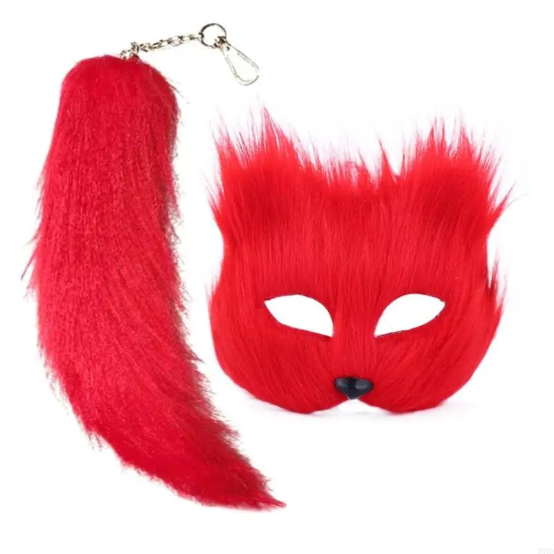 652F Therian Mask and Tail for Women Girls Fuzzy Cats Foxes Wolf Mask Tail Keychain Cosplays Halloween Costume BeautyBond