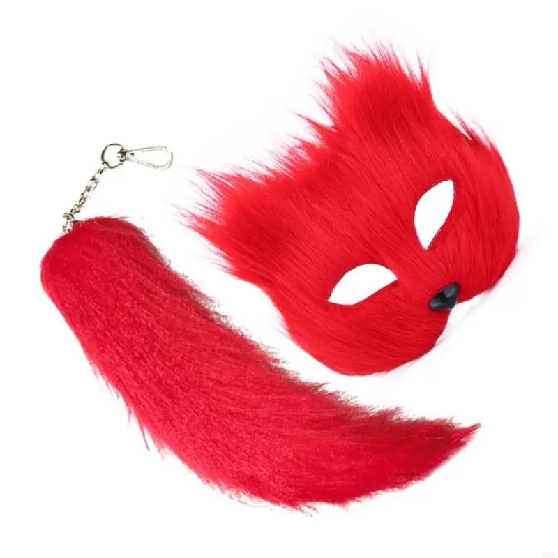 652F Therian Mask and Tail for Women Girls Fuzzy Cats Foxes Wolf Mask Tail Keychain Cosplays Halloween Costume BeautyBond