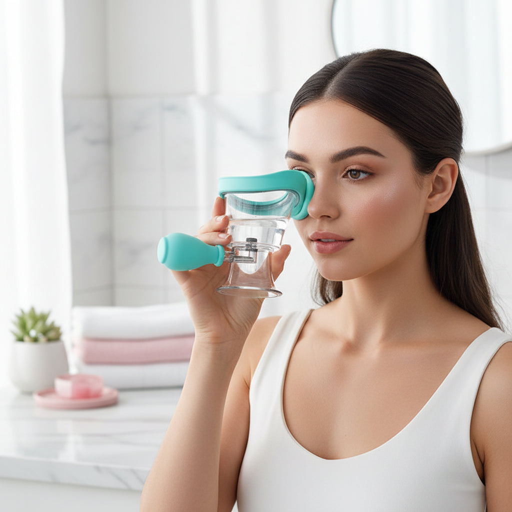 Portable squeeze eye wash cup with features highlighted on a pink background