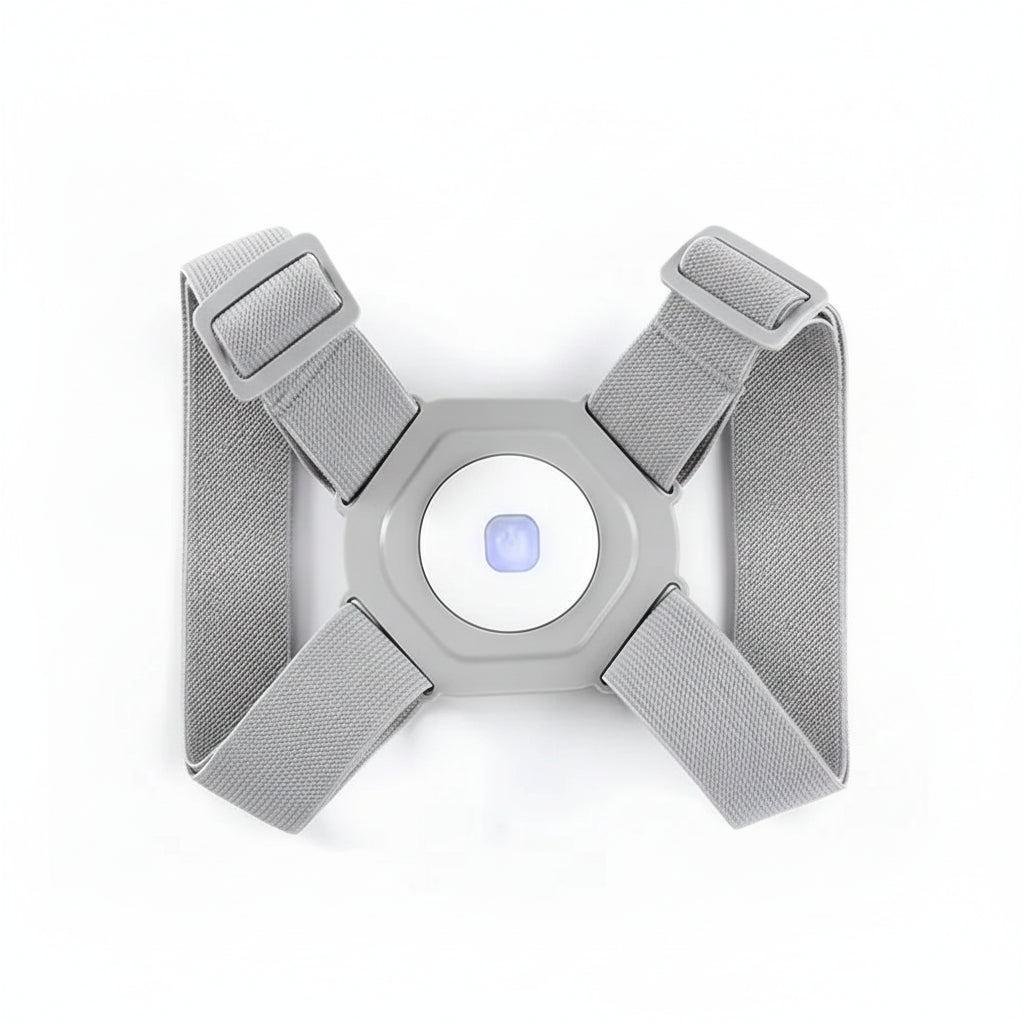 Gray electronic device with straps on a white background