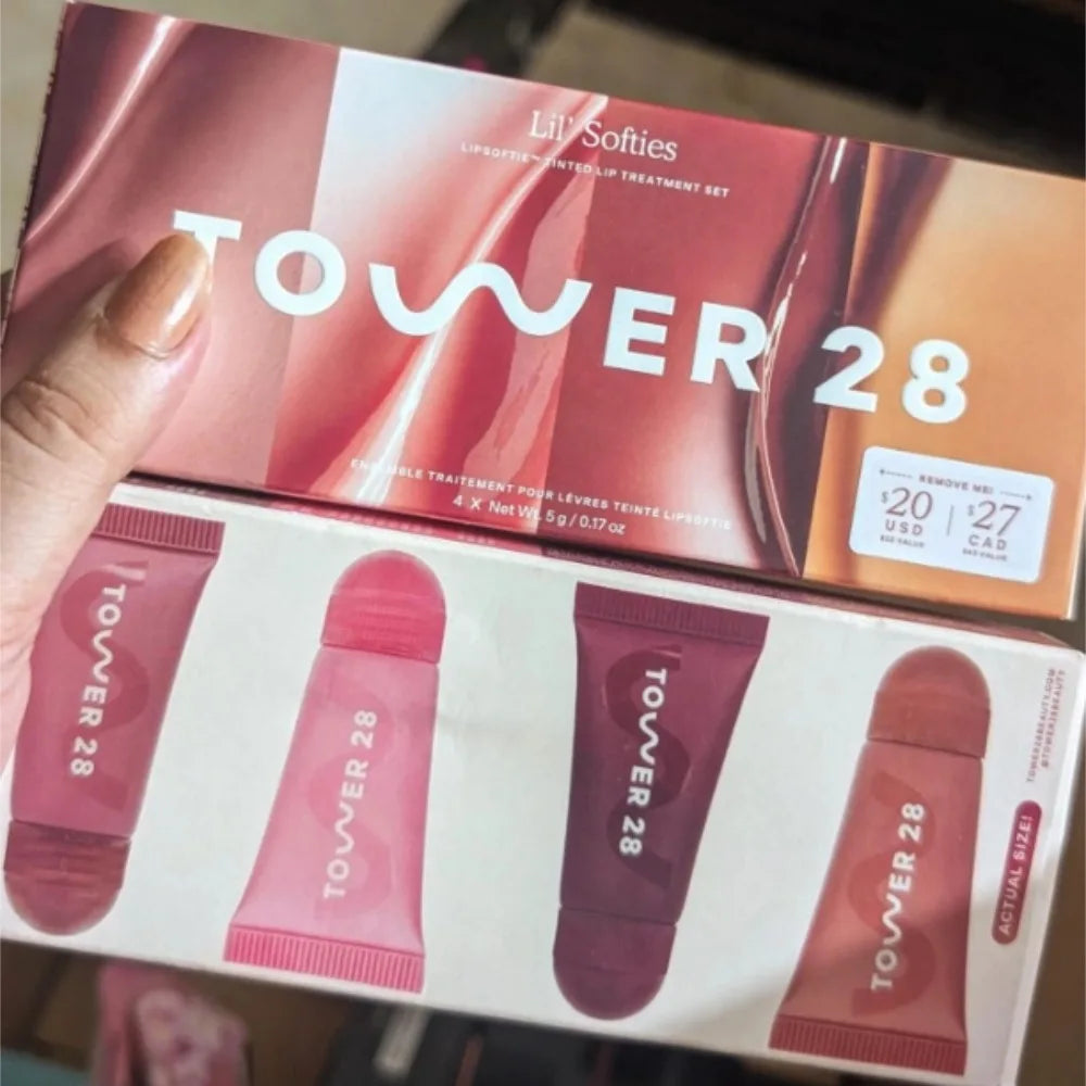Original Tower 28 Beauty Mini Lil' Softies Lip Treatment Set Watermelon Sugar Plum Vanilla Dulce de Leche Colored Lip Blam Set BeautyBond