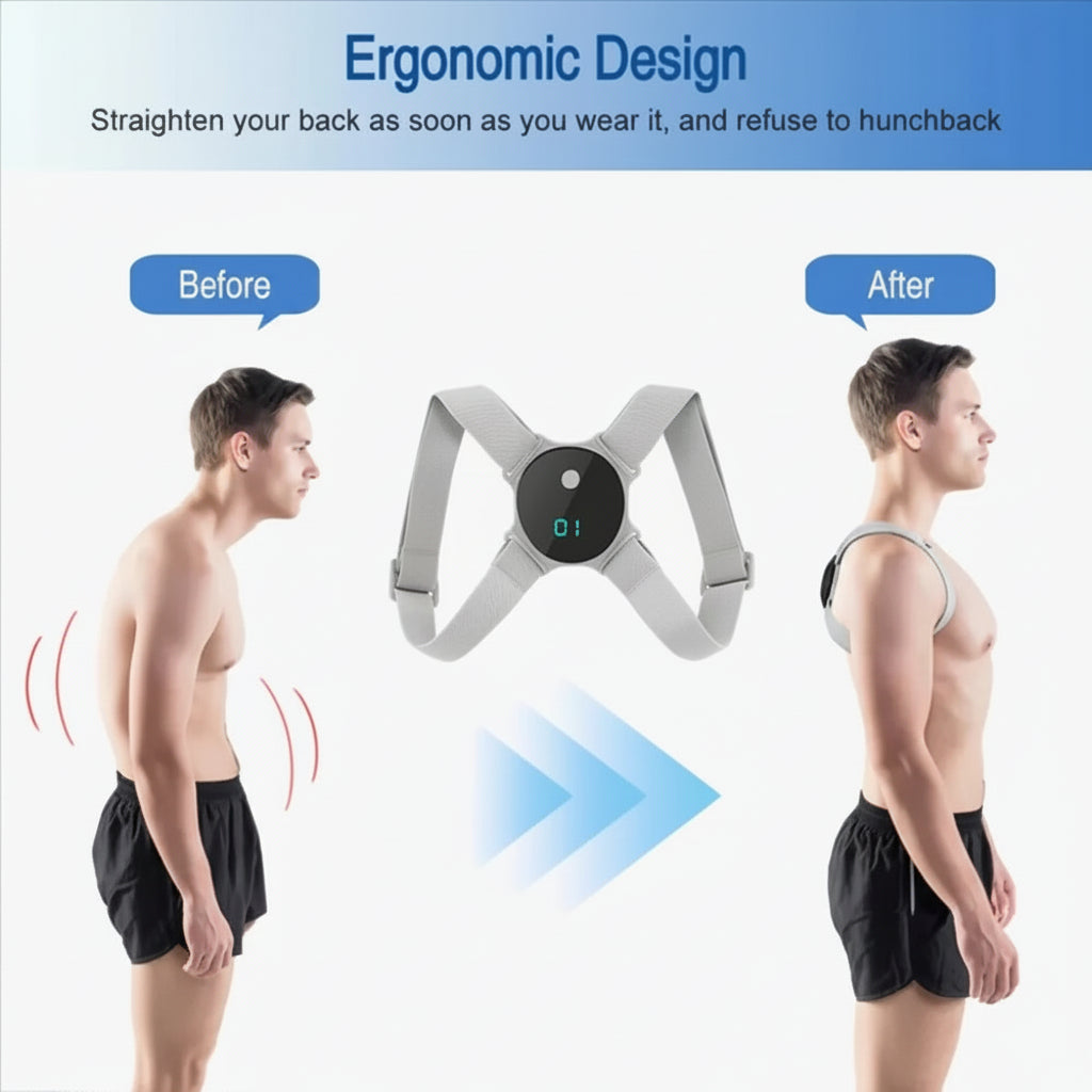 Ergonomic back support device showing before and after effect on a person's posture.