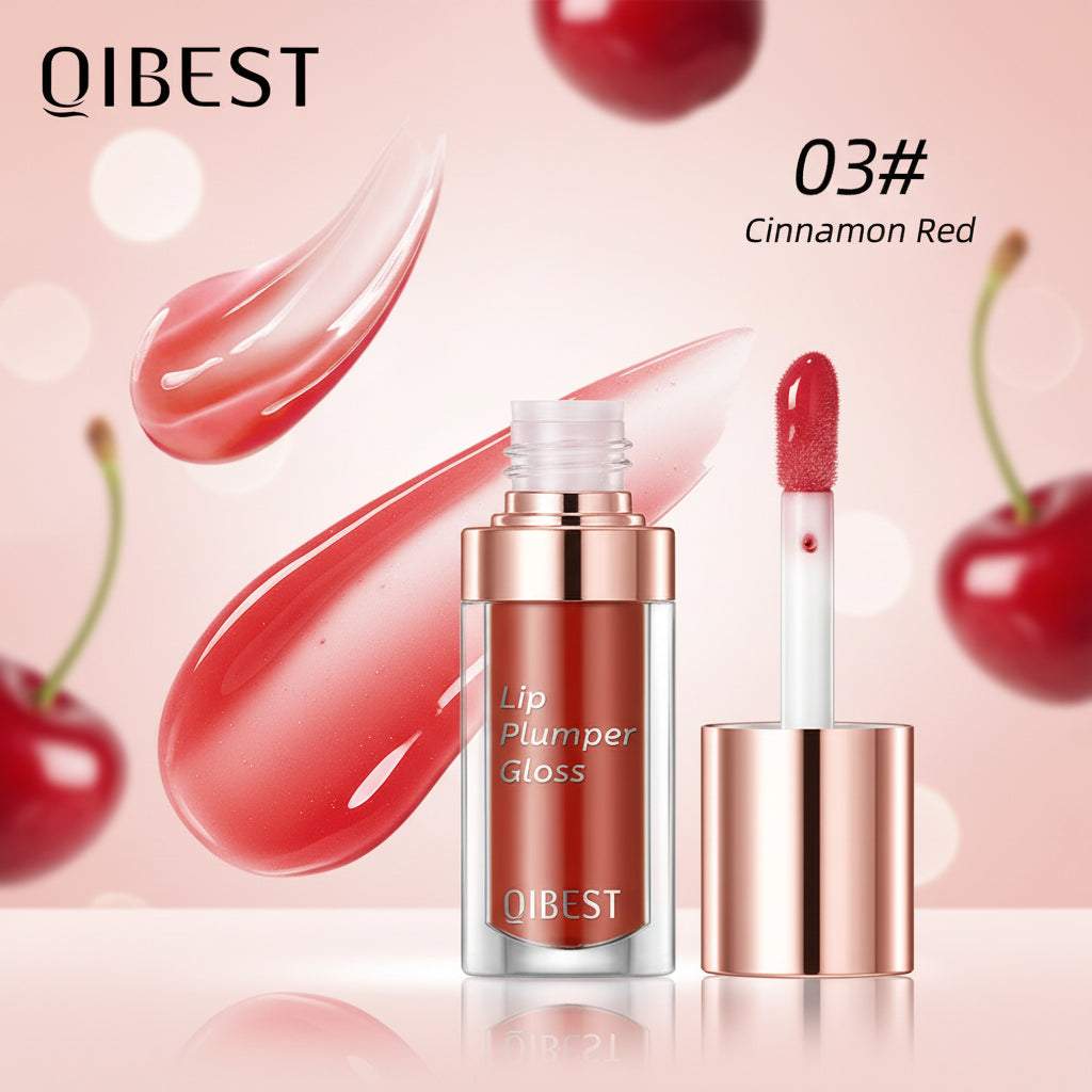 QIBEST lip plumper gloss with cinnamon red color on a white background