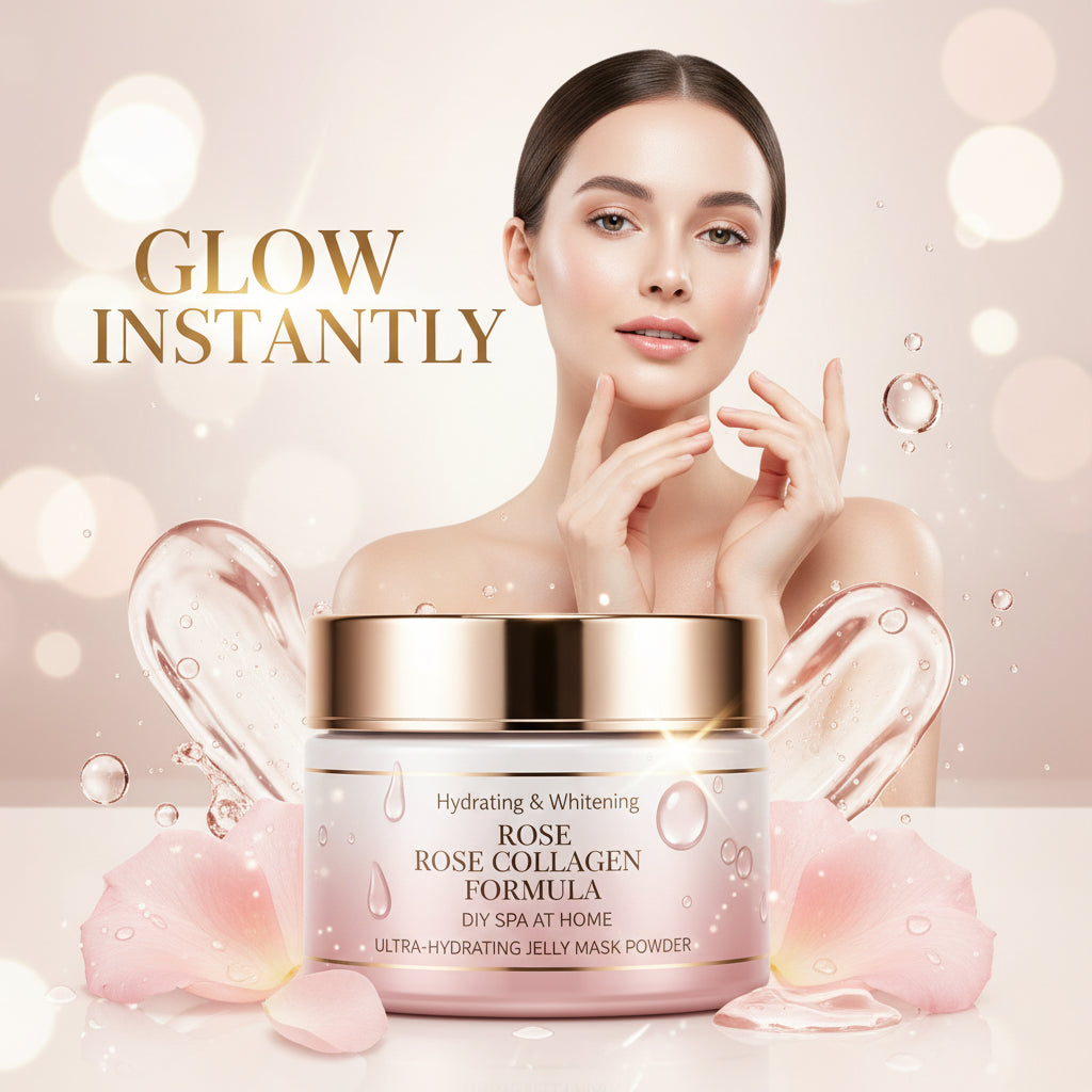 Rose hydrating mask packaging with text on benefits and a clear background