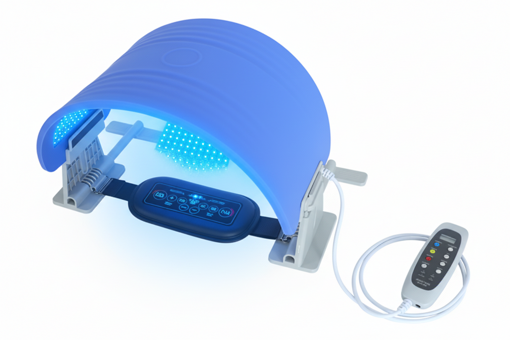 Blue exercise wheel with electronic components on a white background