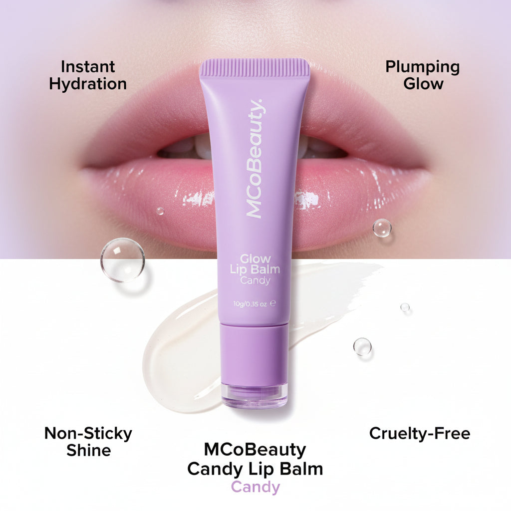 Purple lip balm tube with 'MCoBeauty' branding on a white background