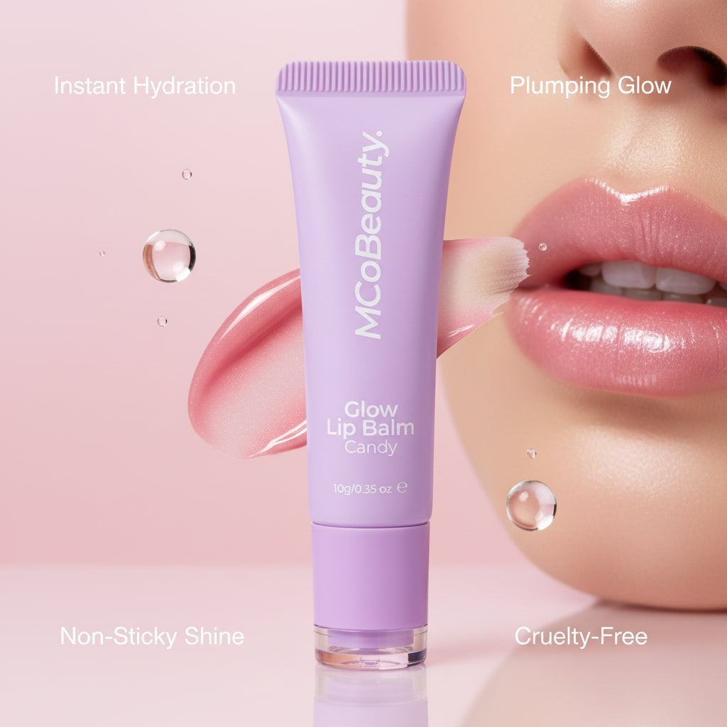 Purple lip balm tube with 'MCoBeauty' branding on a white background