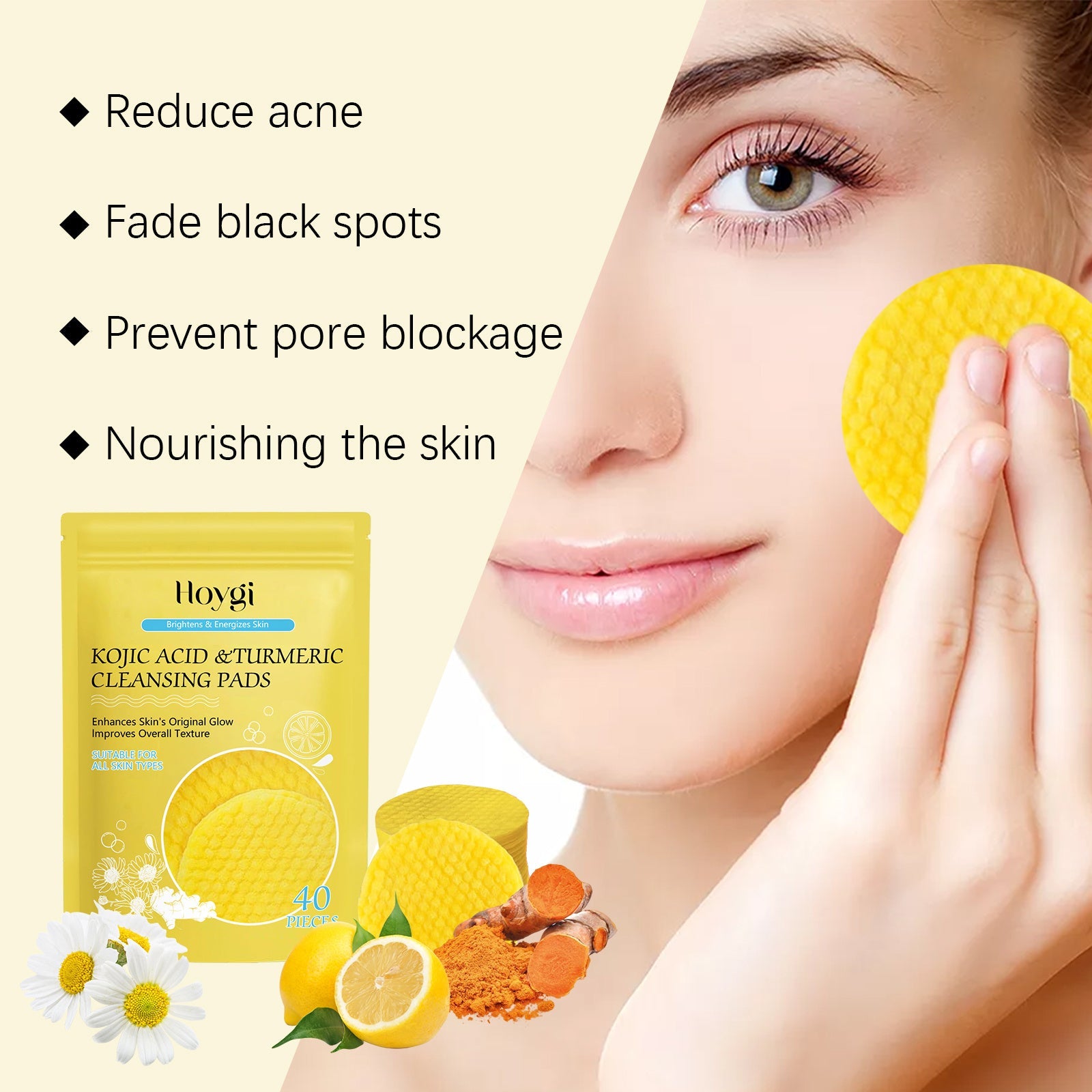 Hoygi Turmeric Acid Cleansing Pad Facial Skin Pore Cleansing, Makeup Remover Gentle Exfoliating Cleansing Pad BeautyBond