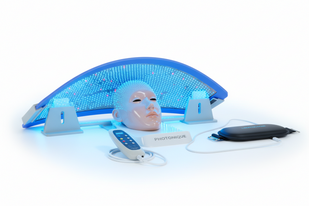 Electromagnetic therapy device with control panel, cables, and accessories on a white background